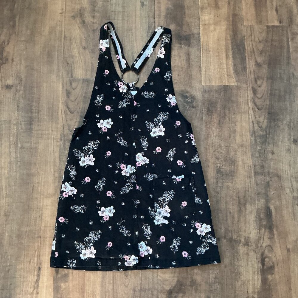 H&M Black Floral‎ Ring Strap Overall Mini Dress Size 6